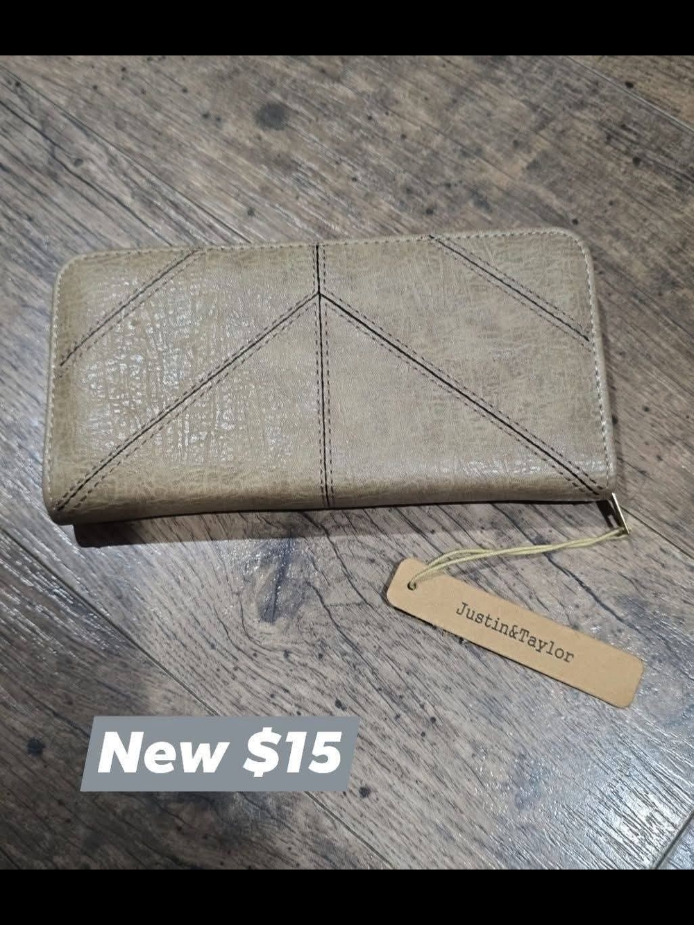 Justin & Taylor Taupe Zip Wallet with Geometric Stitching